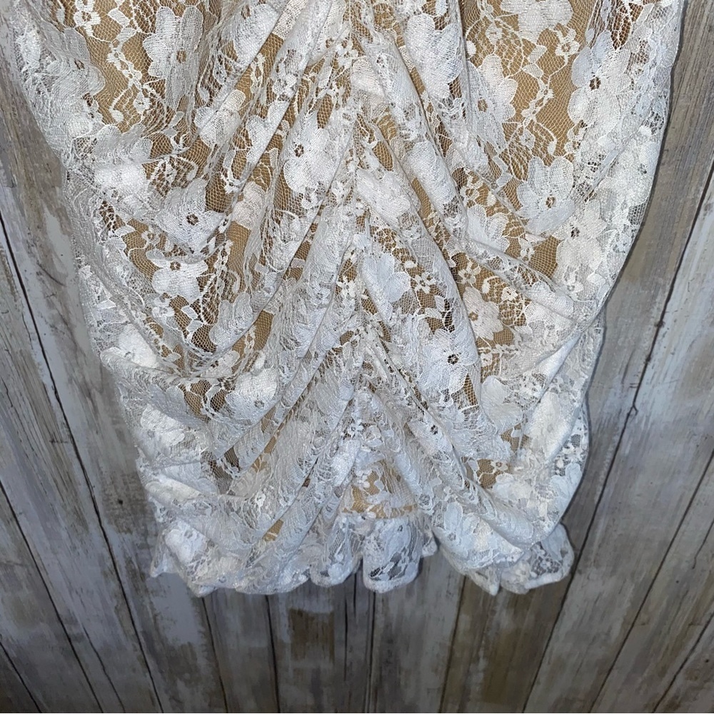 Lulus Frilled To Be Here Lace Floral Ruched Mini Dress Ivory Nude L NWOT - Picture 5 of 9